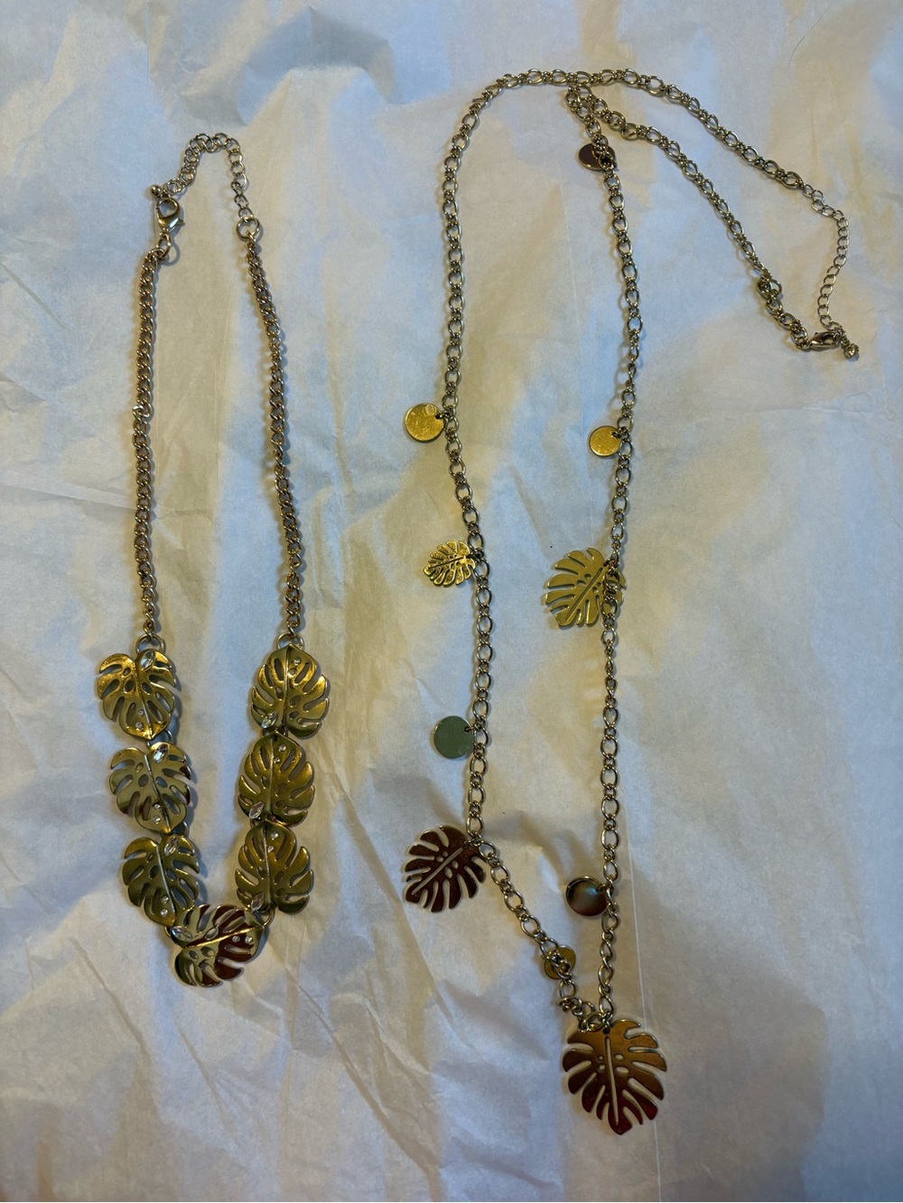 Set of two tropical palm leaves necklaces
